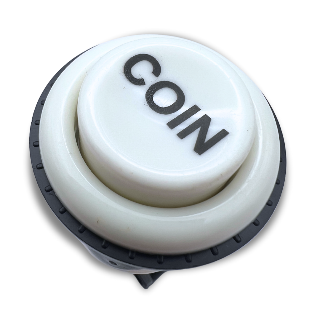 Front angled view of arcade cabinet coin button with "COIN" text