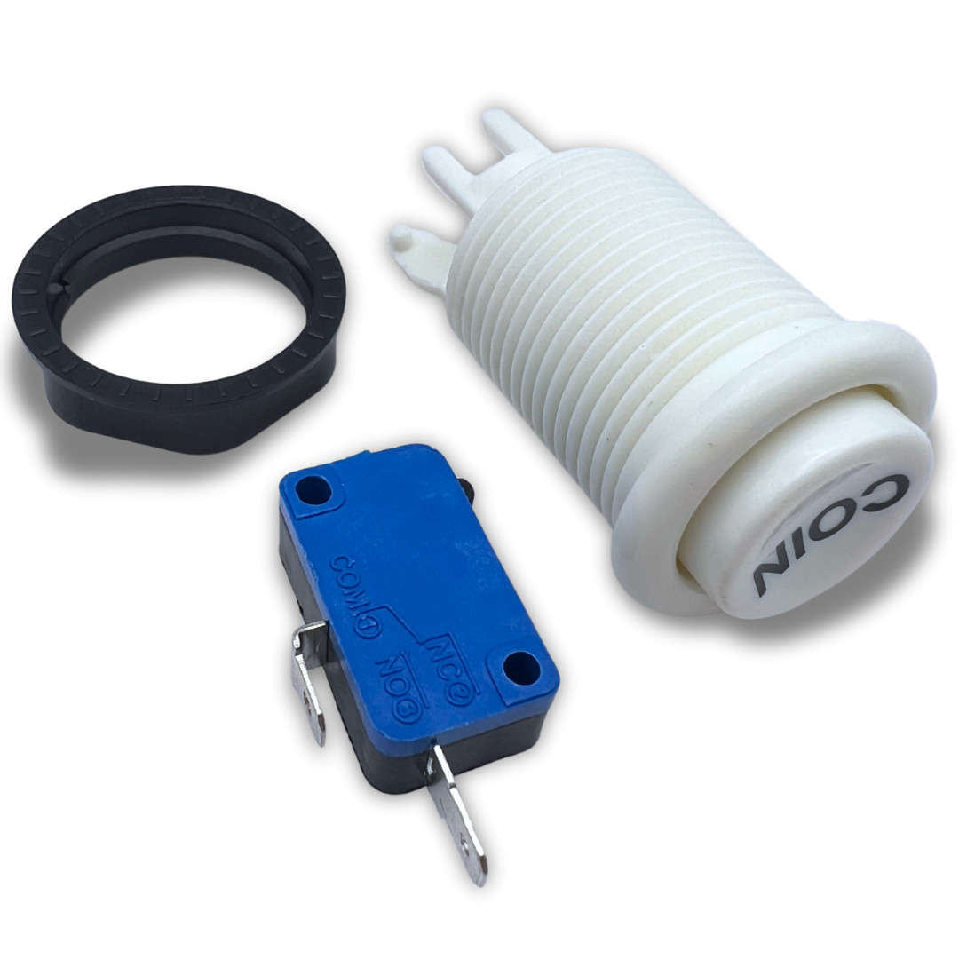 Coin button parts with microswitch and fastening ring for arcade