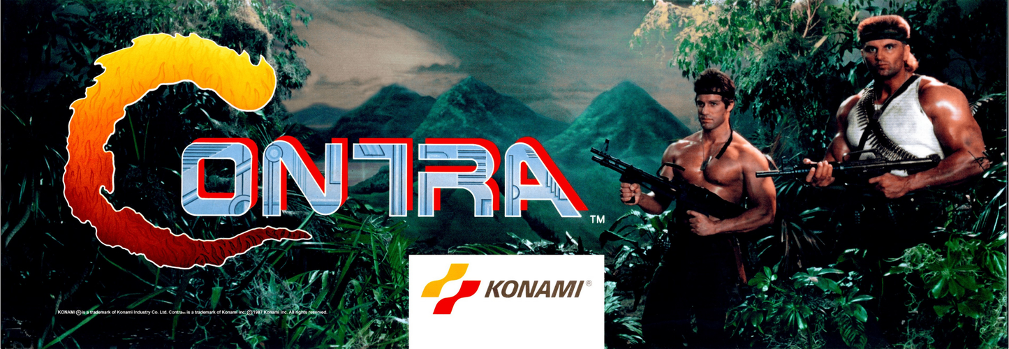 Contra arcade marquee reproduction featuring Konami’s iconic commando artwork and fiery C logo