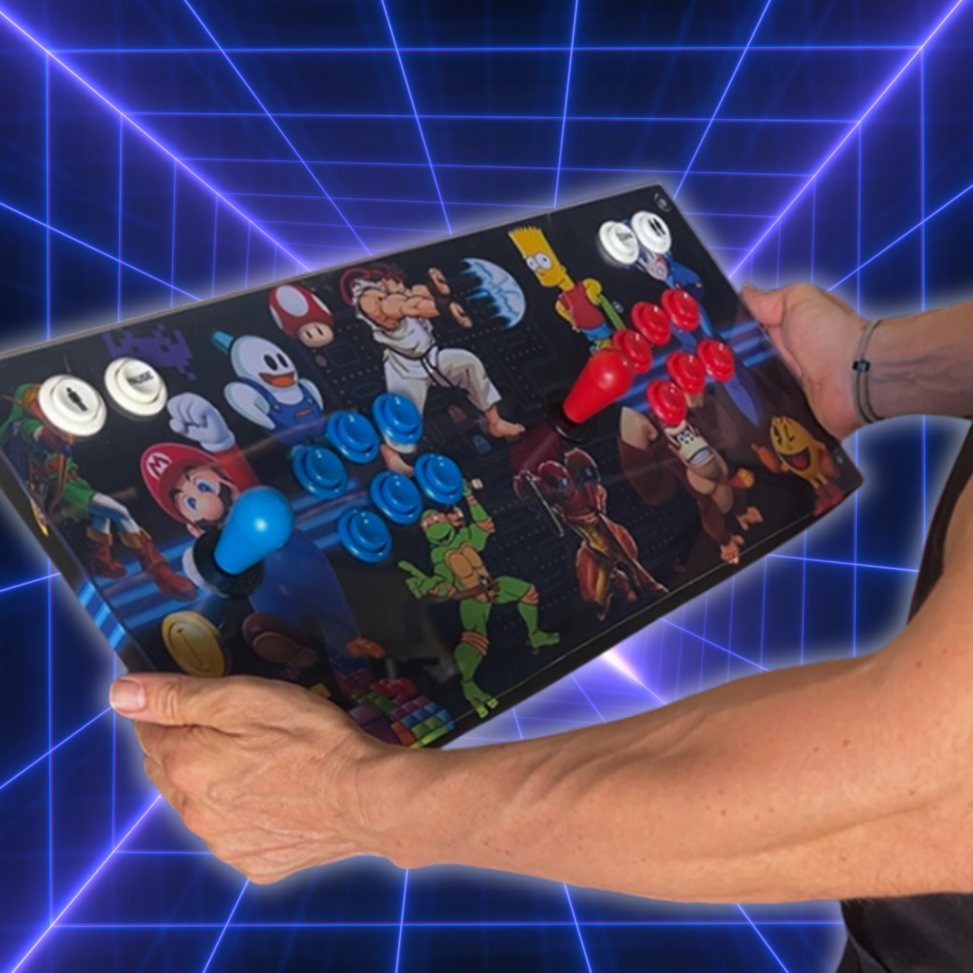 Custom arcade control panel with dual joysticks, colourful retro game artwork, and full button layout — part of the Arcade Revival build-your-own machine guide.