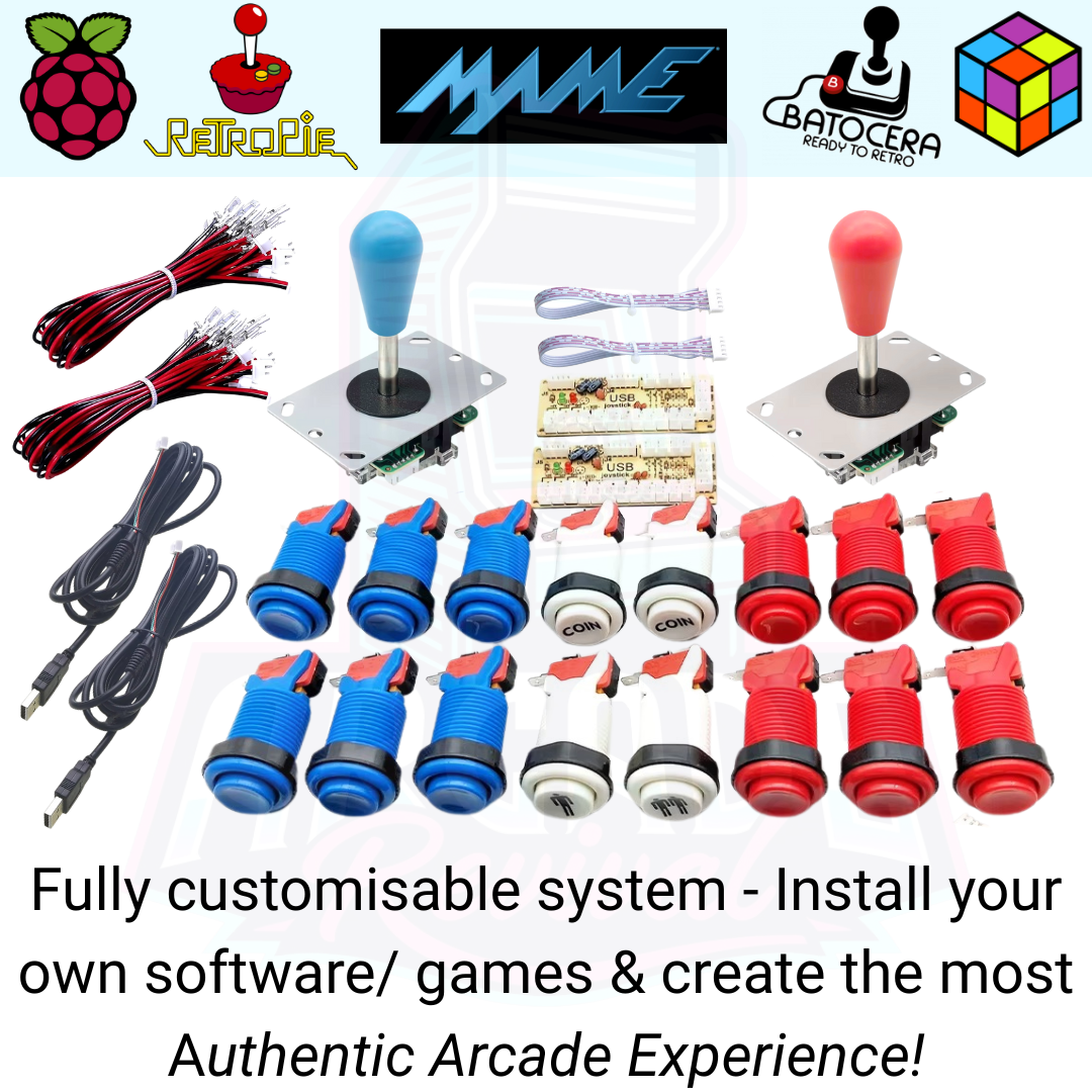 Customisable USB arcade kit featuring joysticks, red and blue buttons, coin buttons, wiring, and USB encoders — compatible with RetroPie, MAME, Batocera, and Recalbox for a full DIY arcade experience.