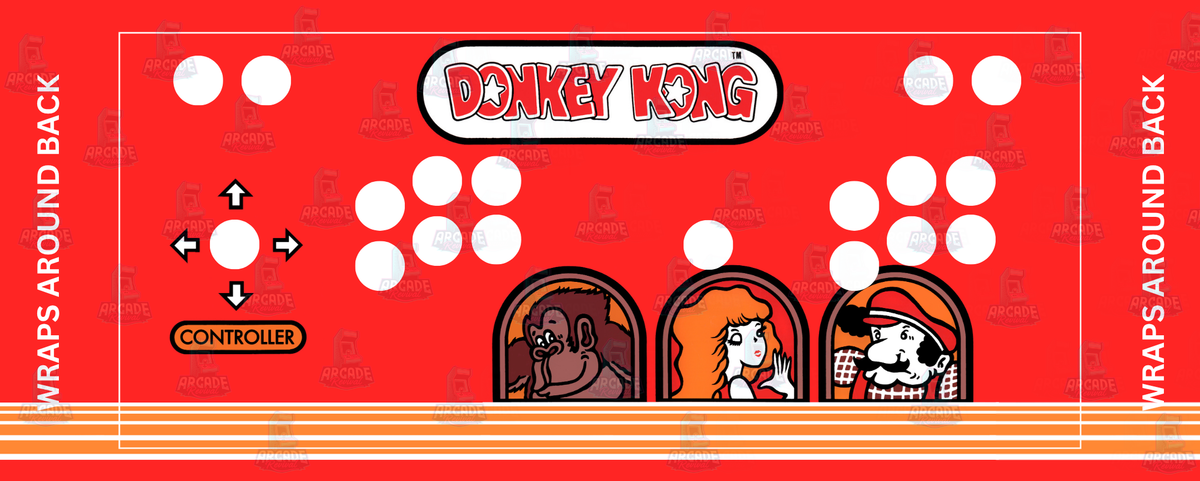 Donkey Kong reproduction control panel overlay with 2 player button layout featuring original 1981 Nintendo artwork with bold Donkey Kong logo and Donkey Kong Pauline and Jump Man character artwork against a vibrant red backdrop for DIY arcade cabinet builds.