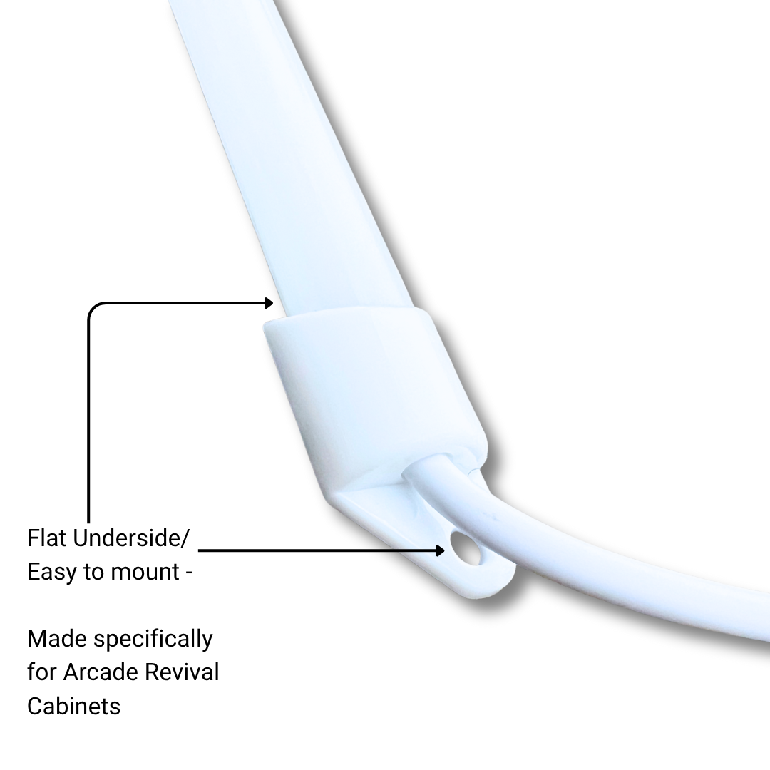 Flat underside of LED marquee light bar with mounting hole and labeled design showing fit for Arcade Revival cabinets.