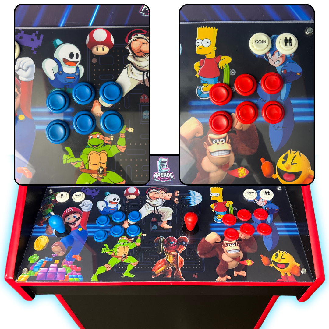 Full view of a retro arcade cabinet featuring blue and red arcade buttons installed on a custom control deck with classic video game characters.
