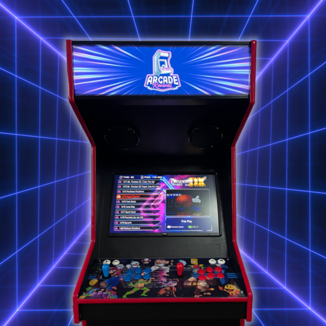 Fully built and functional custom arcade machine featuring screen, joysticks, marquee display, and control panel artwork — the final result from the Arcade Revival step-by-step guide.