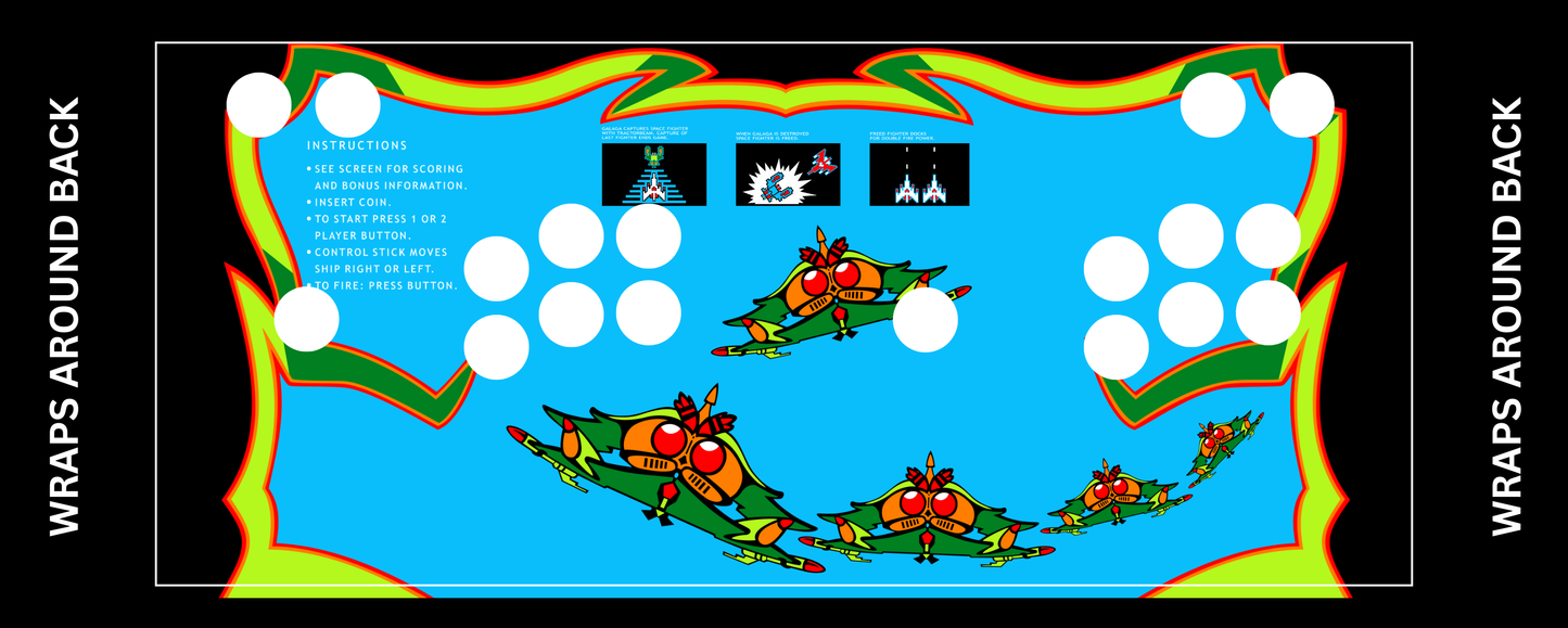 Galaga 2 player arcade control panel overlay with joystick and button layout example for DIY arcade cabinet build