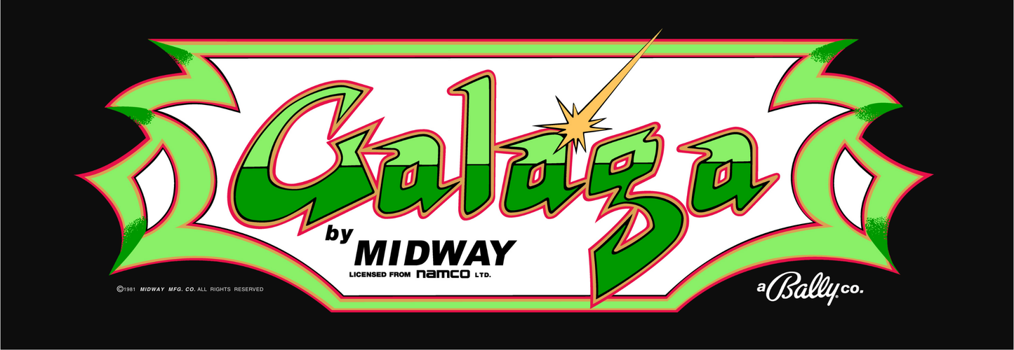 Reproduction Galaga arcade marquee printed on translucent film for backlit display.