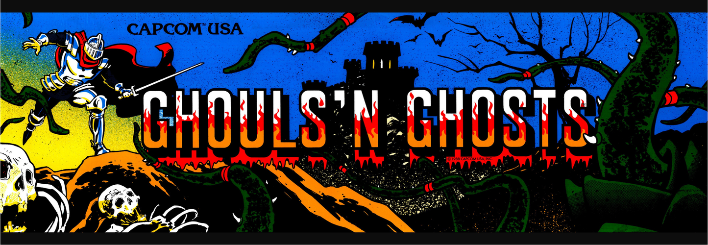 Ghouls ’N Ghosts reproduction arcade marquee featuring Capcom’s 1988 artwork with Sir Arthur and gothic castle background.