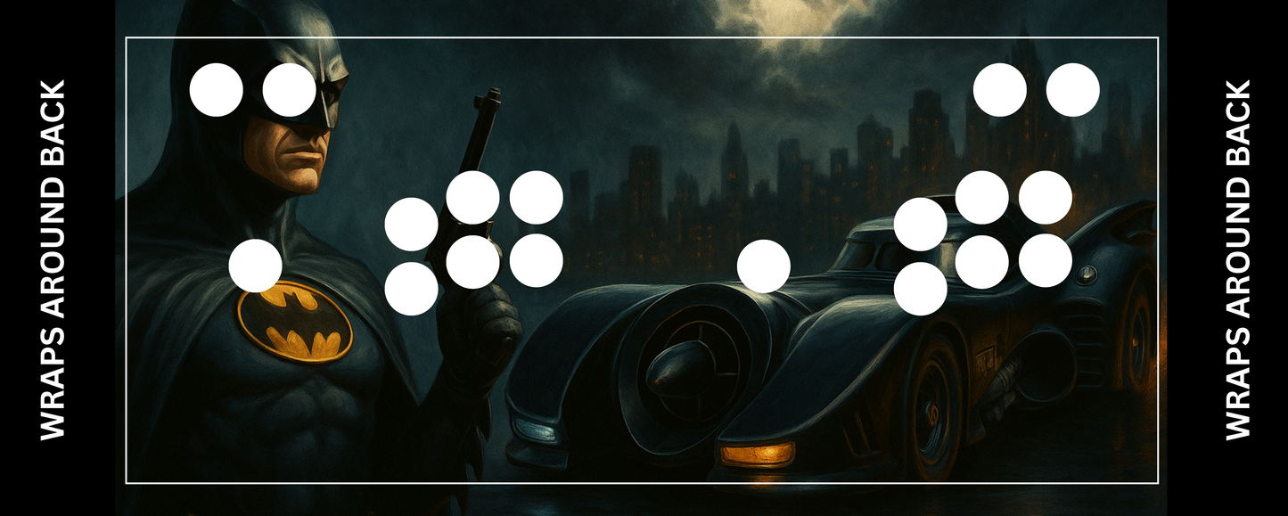 Arcade control panel wrap featuring a masked vigilante and classic noir city scene with retro car, inspired by 1989 gothic superhero themes.
