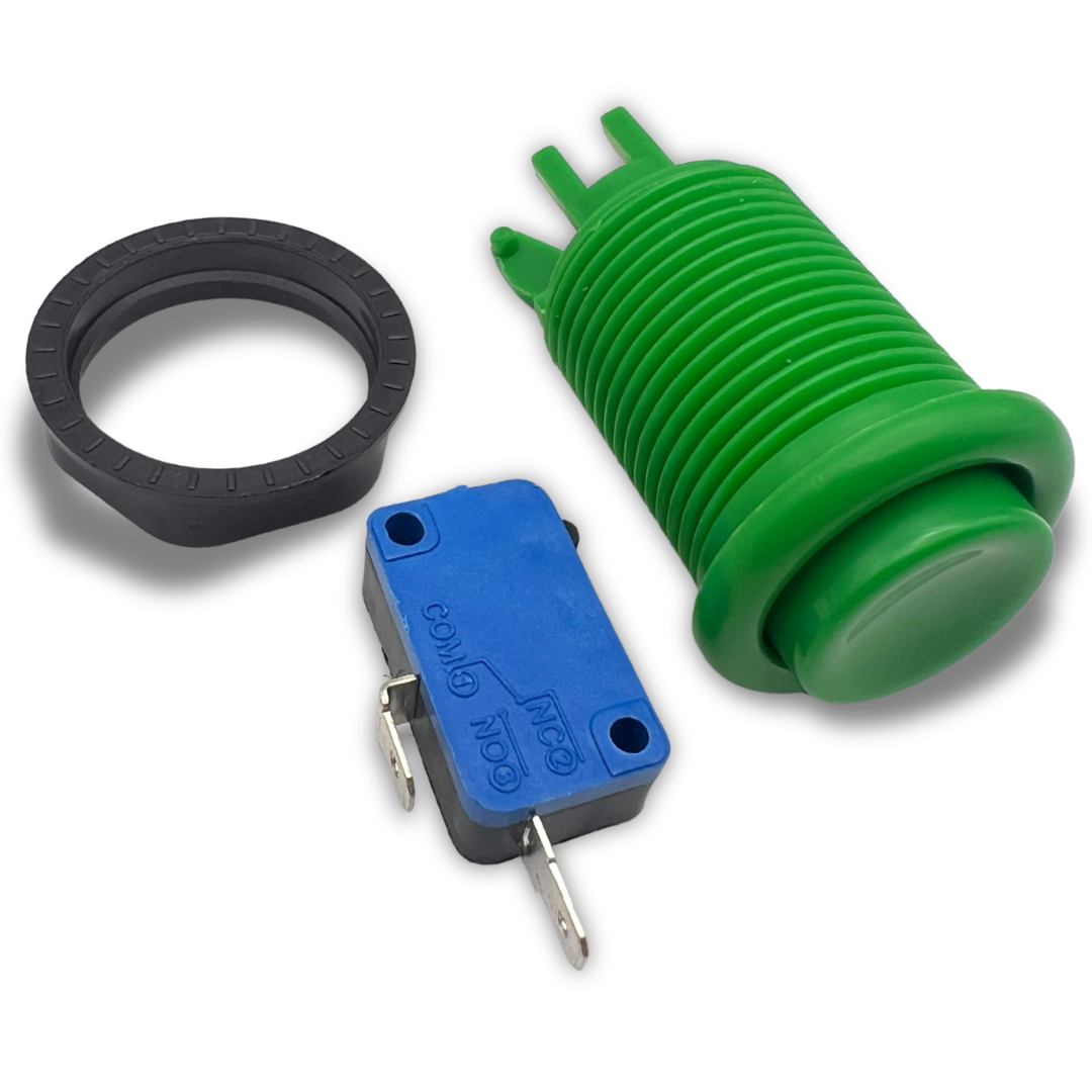 Disassembled green arcade button with bezel and microswitch