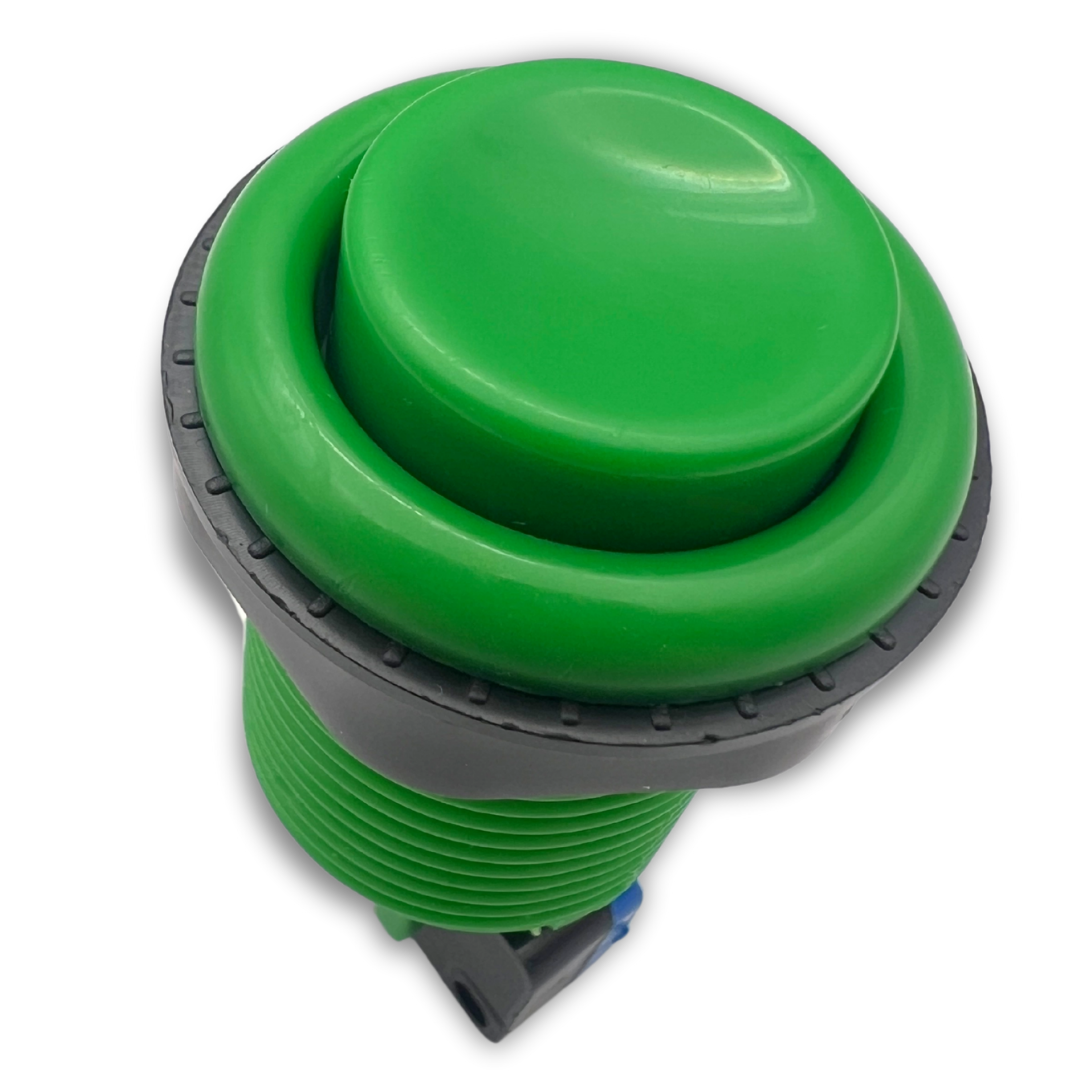 Front angled view of green arcade button with bezel ring