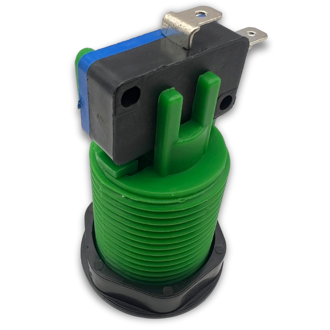 Rear angled view of green arcade button showing microswitch connectors