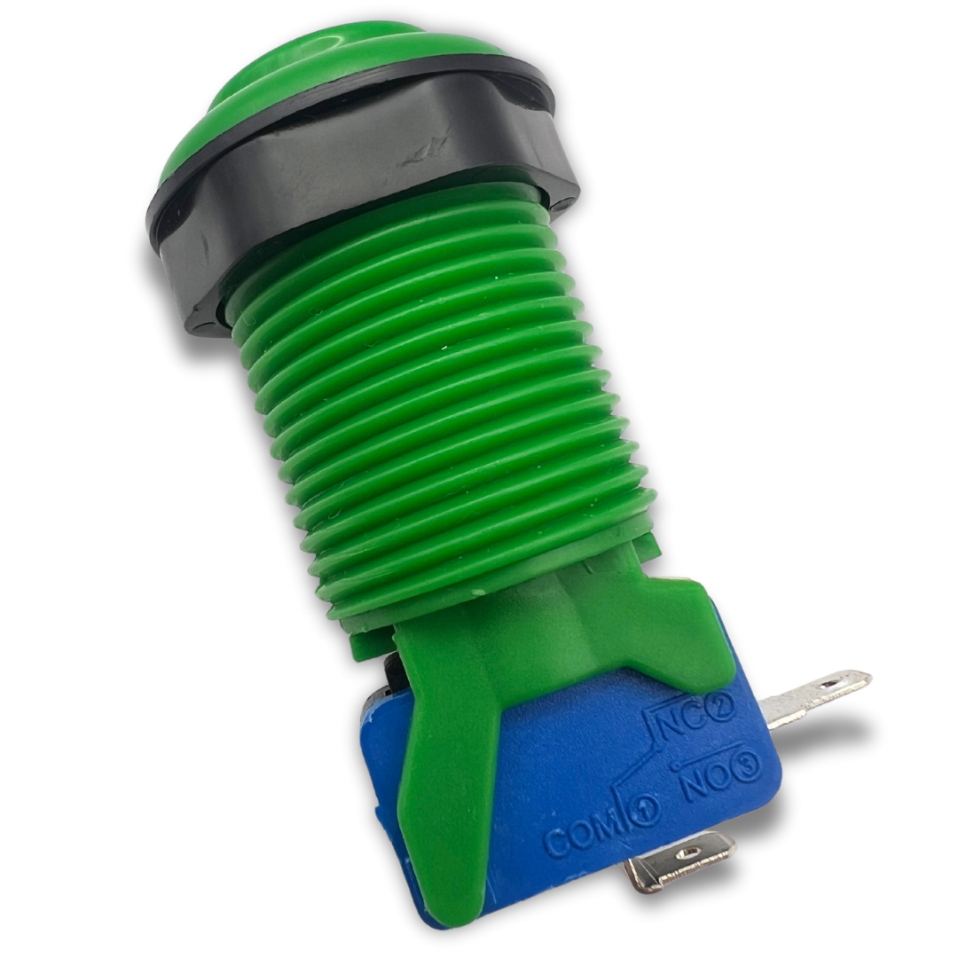 Side view of green arcade button highlighting microswitch terminals