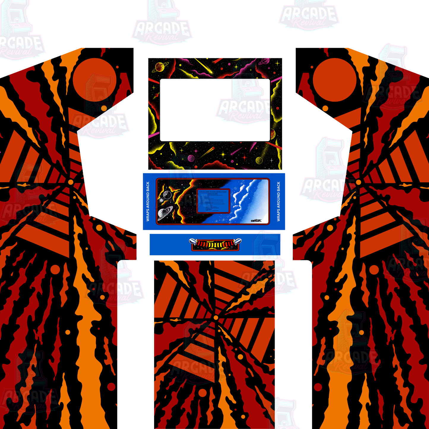 Gyruss classic reproduction arcade cabinet wrap kit without marquee, including side panels, screen surround, control panel and front kick panel