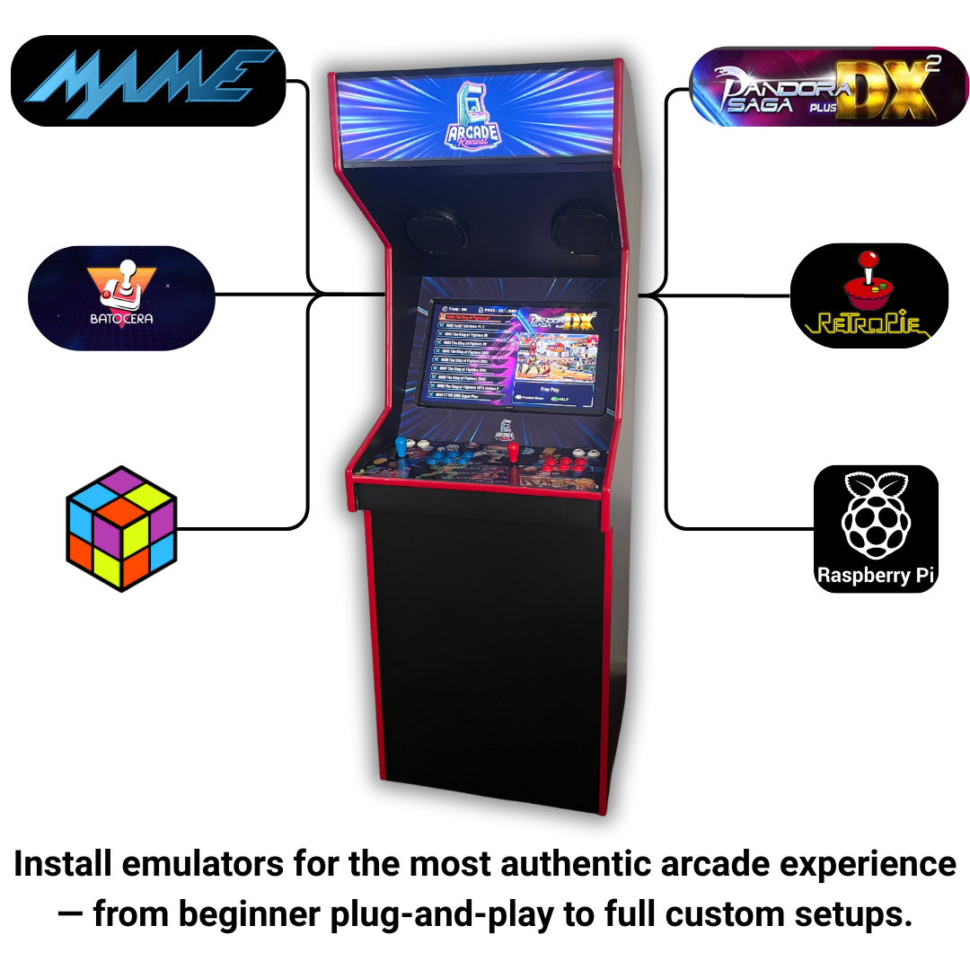 Arcade machine with options to install popular emulators including MAME, Pandora, LaunchBox, RetroPie, Batocera, and Raspberry Pi for a customizable arcade experience — Arcade Revival.