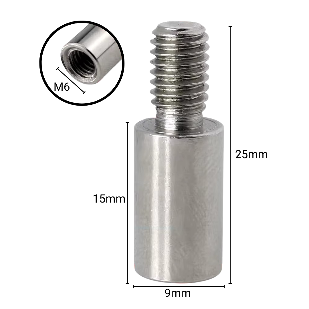 Joystick extender with M6 thread and measurements – 25mm total length, 15mm shaft extension, 9mm diameter