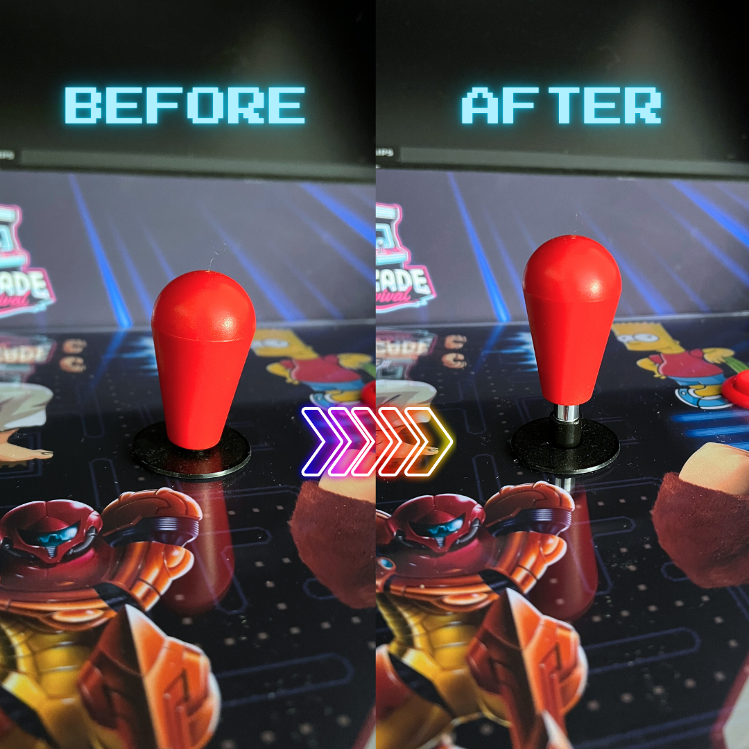 Before and after comparison using joystick extender with red bat top handle on arcade machine