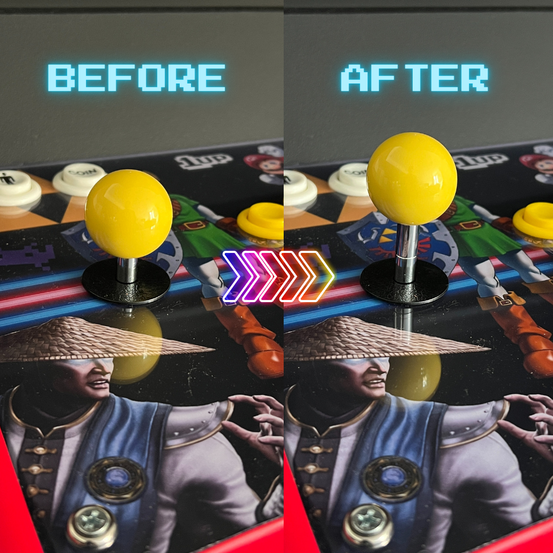 Before and after image showing joystick height increased using extender with yellow balltop