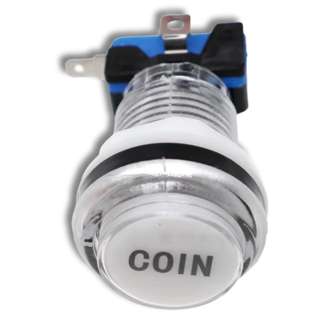 White LED arcade button with COIN label – clear shell, 12V illuminated