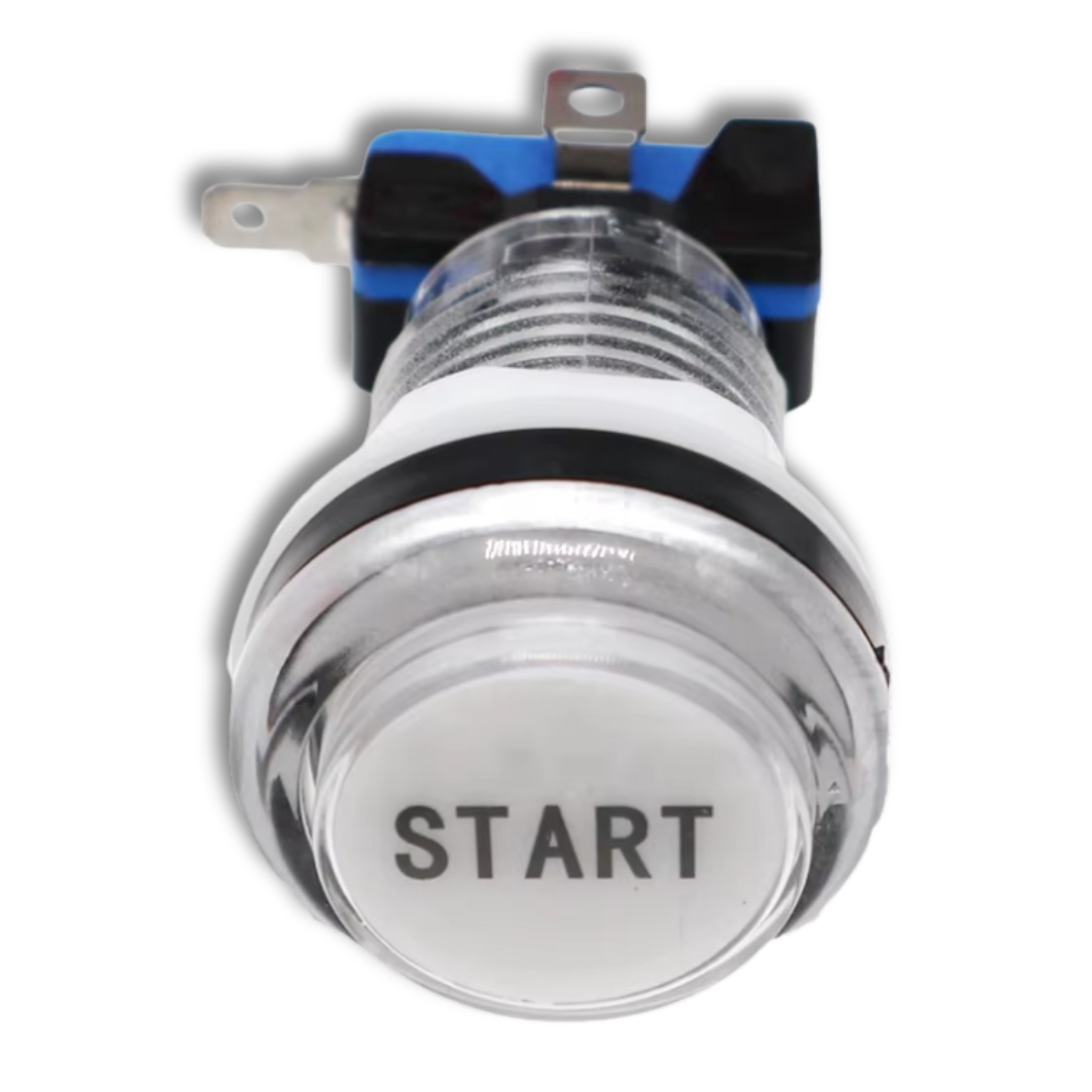 White LED arcade button with START label – clear shell, 12V illuminated