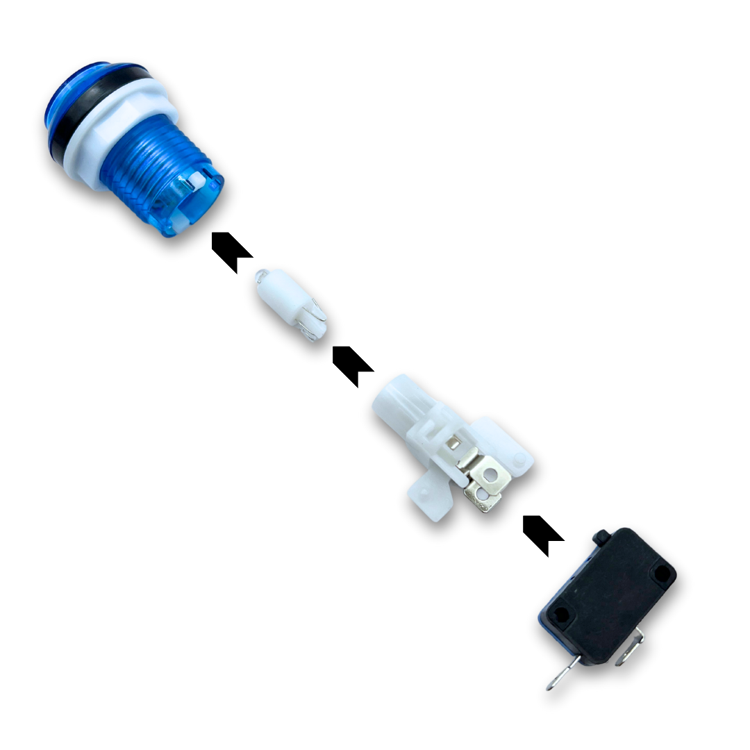Exploded view showing how to assemble and wire an LED arcade button – includes microswitch, LED holder, and bulb
