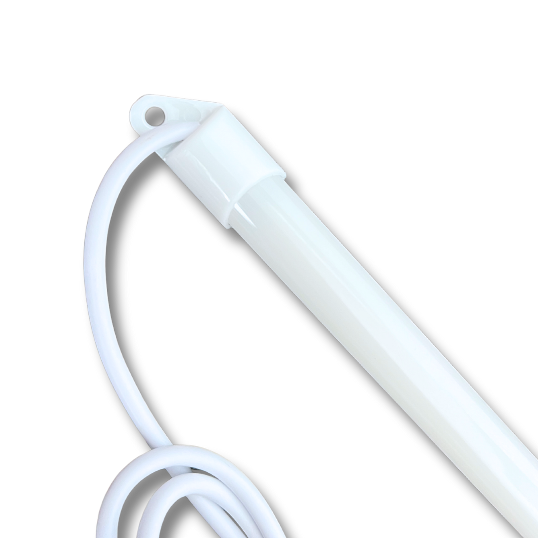 Close-up view of the LED marquee light bar end cap and power cable showing smooth white finish and mounting hole.