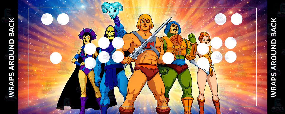 Masters of the Universe inspired arcade control panel overlay with 2 player button layout featuring He-Man Skeletor and the full cast of heroes and villains against a dramatic cosmic burst backdrop for DIY arcade cabinet builds.