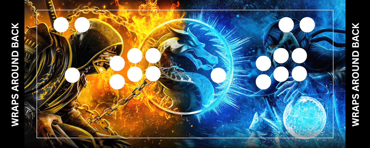 Mortal Kombat fire vs ice 2 player arcade control panel overlay with Scorpion and Sub Zero button layout example