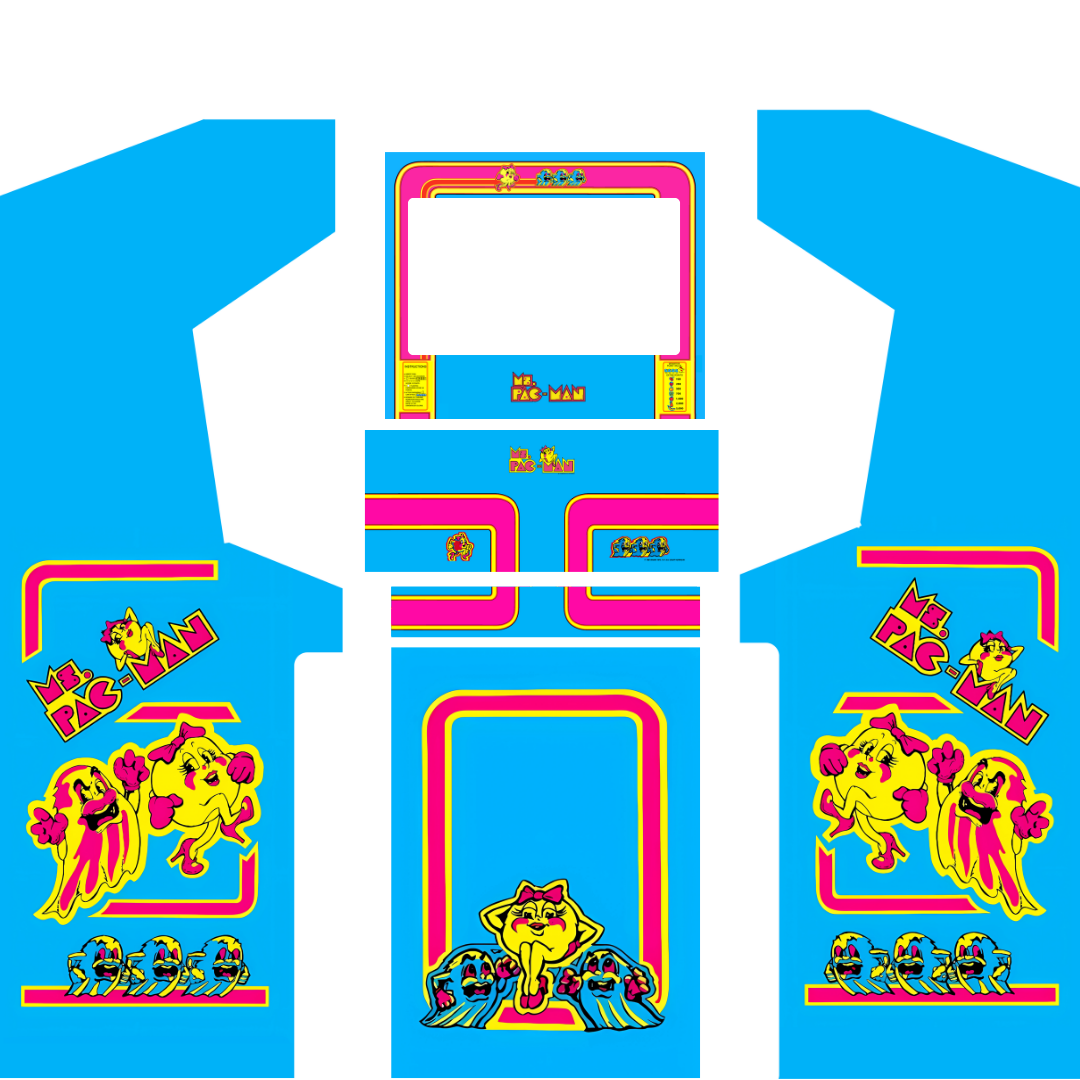 Ms Pac-Man arcade cabinet wrap kit without marquee including side panels, control panel artwork, monitor bezel and front cabinet graphics.
