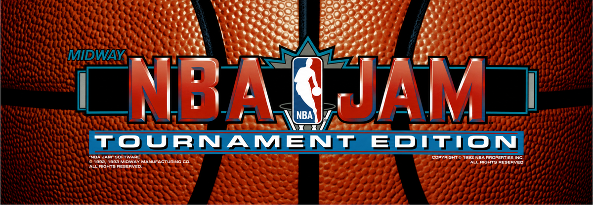 NBA Jam Tournament Edition reproduction marquee featuring the original 1993 Midway artwork with bold red and chrome logo and iconic NBA emblem against a basketball texture backdrop for arcade cabinets.
