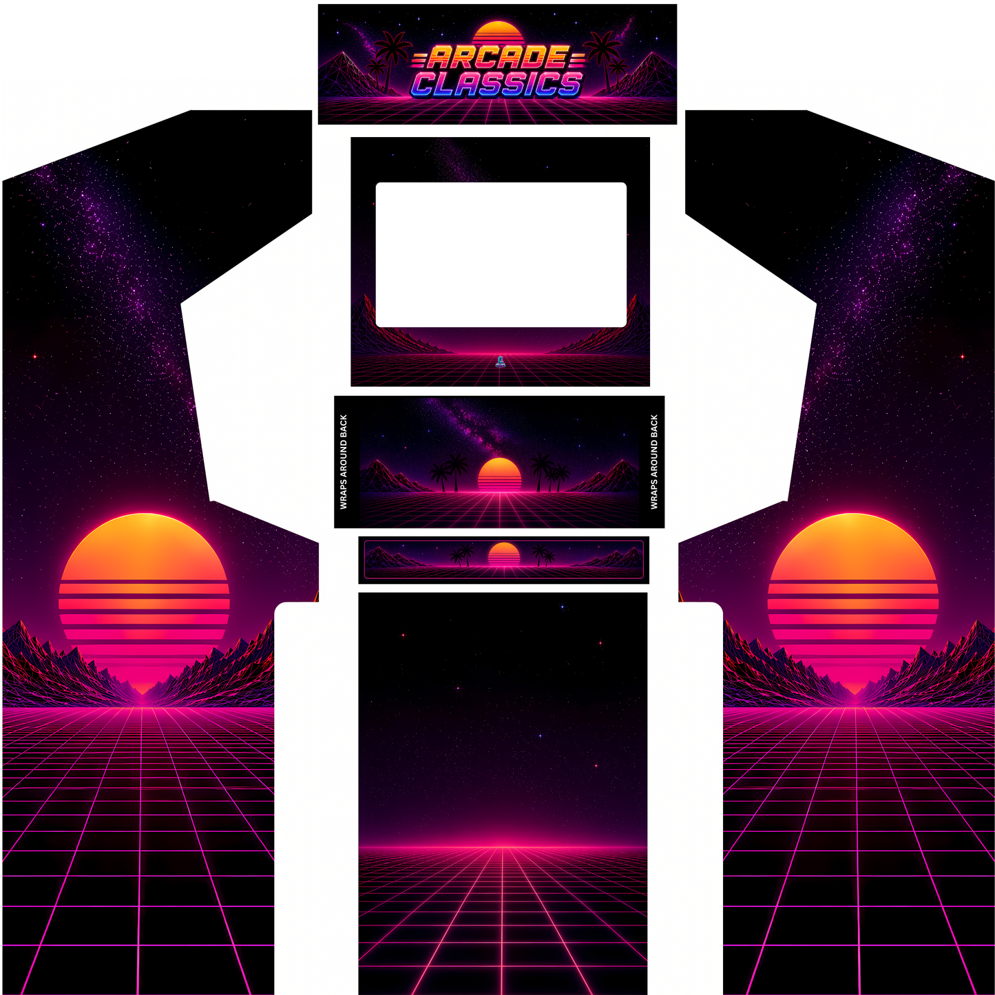 retro synthwave arcade cabinet wrap kit Neon Horizon with Arcade Classics marquee option and full panel layout