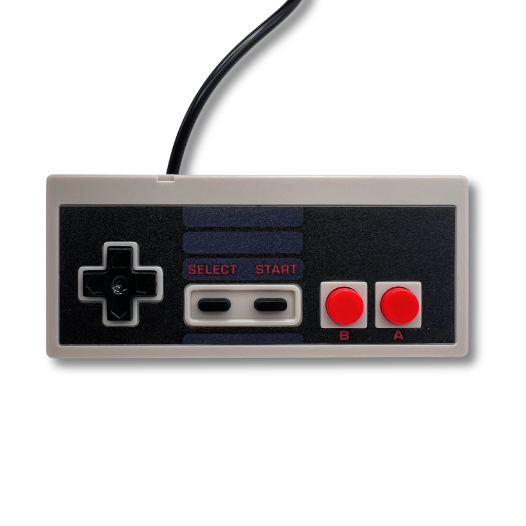 Flat front view of NES-style USB gaming controller with D-pad, A/B buttons, and black USB cable.