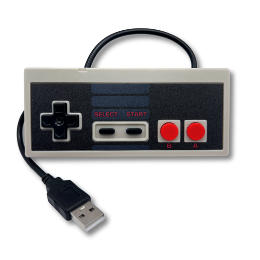 Retro NES-style USB game controller showing full button layout and attached USB plug.