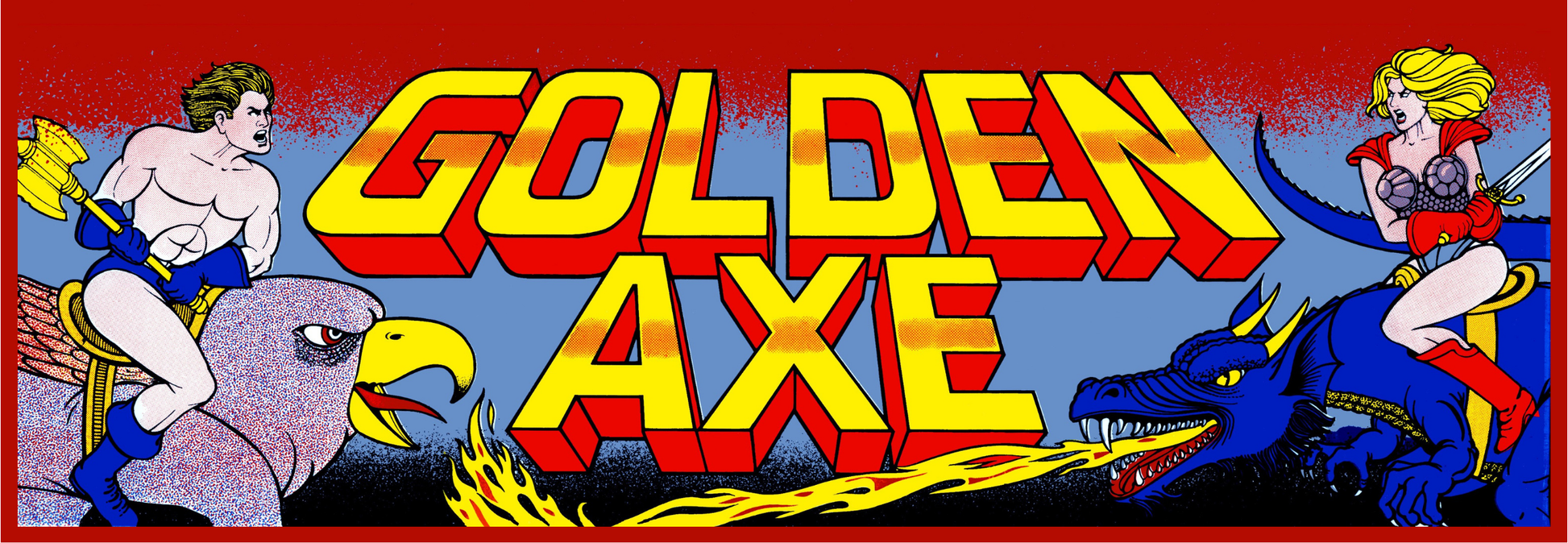 Golden Axe reproduction arcade marquee installed on classic cabinet, featuring Ax Battler and Tyris Flare artwork illuminated by backlight.