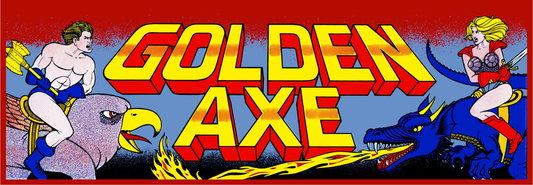 Golden Axe reproduction arcade marquee installed on classic cabinet, featuring Ax Battler and Tyris Flare artwork illuminated by backlight.