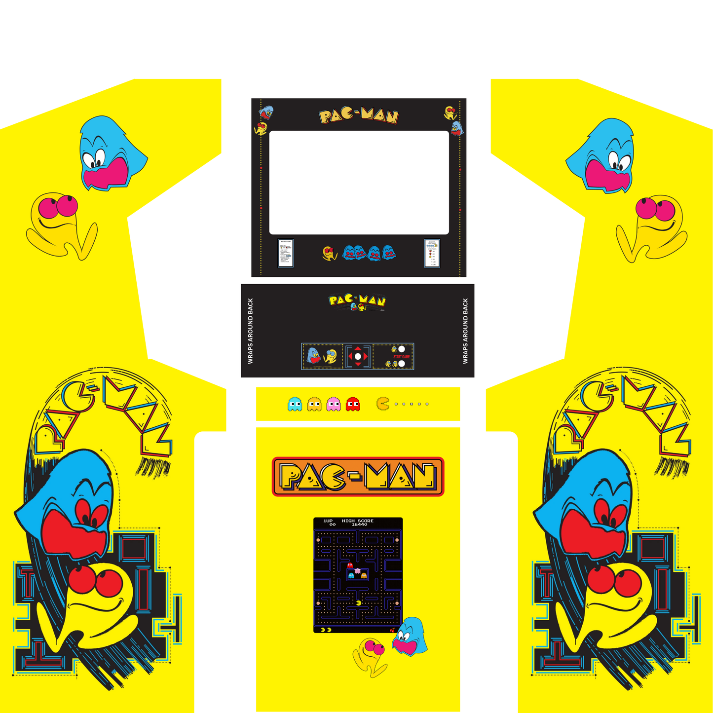 Pac-Man arcade cabinet wrap kit without marquee including side panel artwork, control panel overlay, monitor bezel and front cabinet graphics.