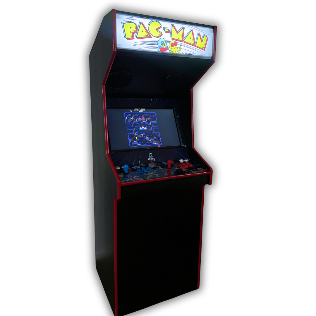 Full arcade cabinet display featuring the Pac-Man marquee and classic gameplay screen below.