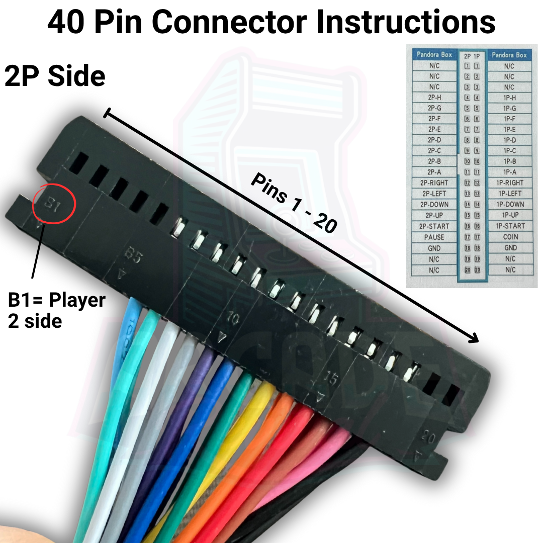 40 pin connector wiring instructions for Arcade Revival Pandora 9800 arcade board, 2P side showing B1 as Player 2, wire layout and pin orientation.