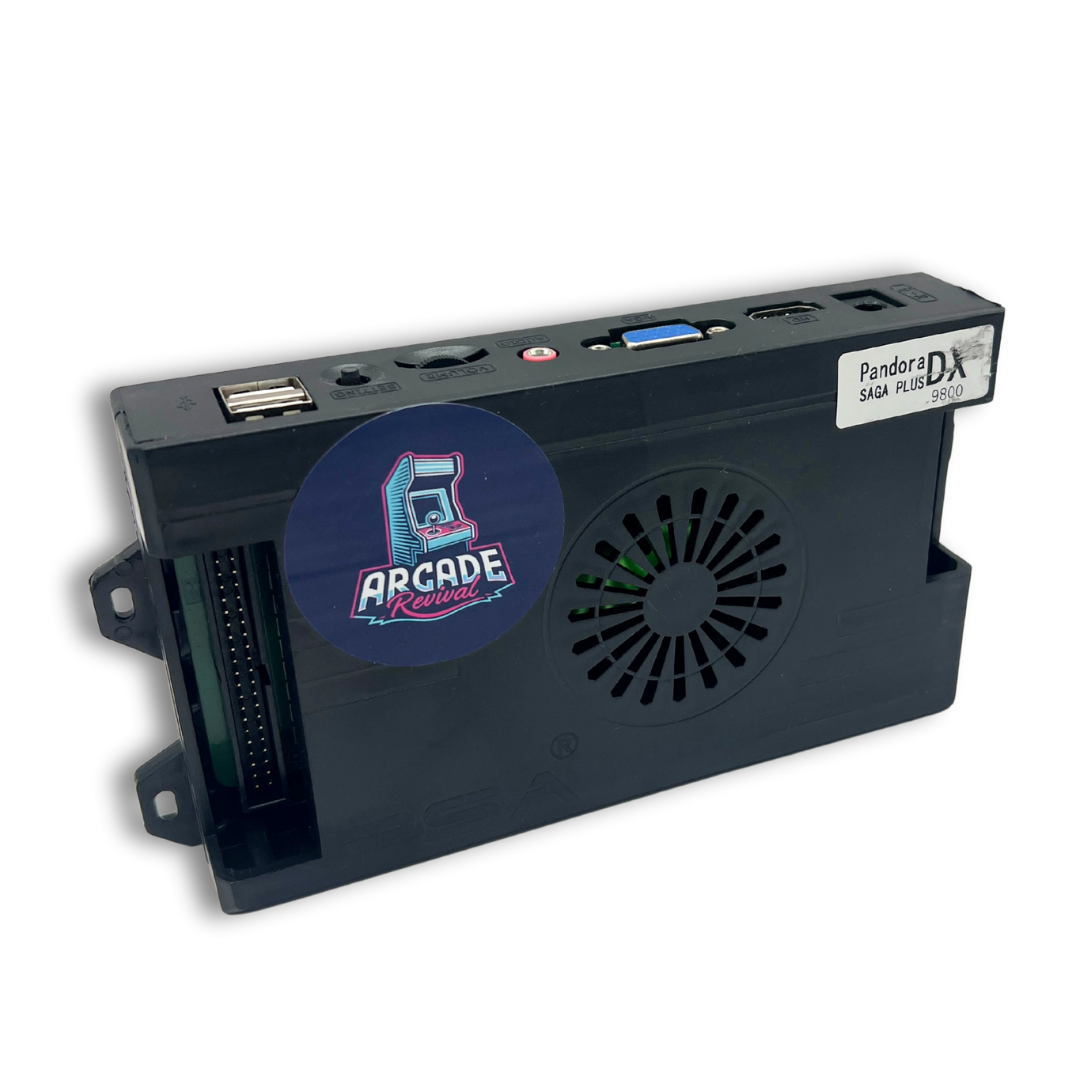Side angle of Pandora DX2 9800 arcade game system with Arcade Revival branding and connection ports.