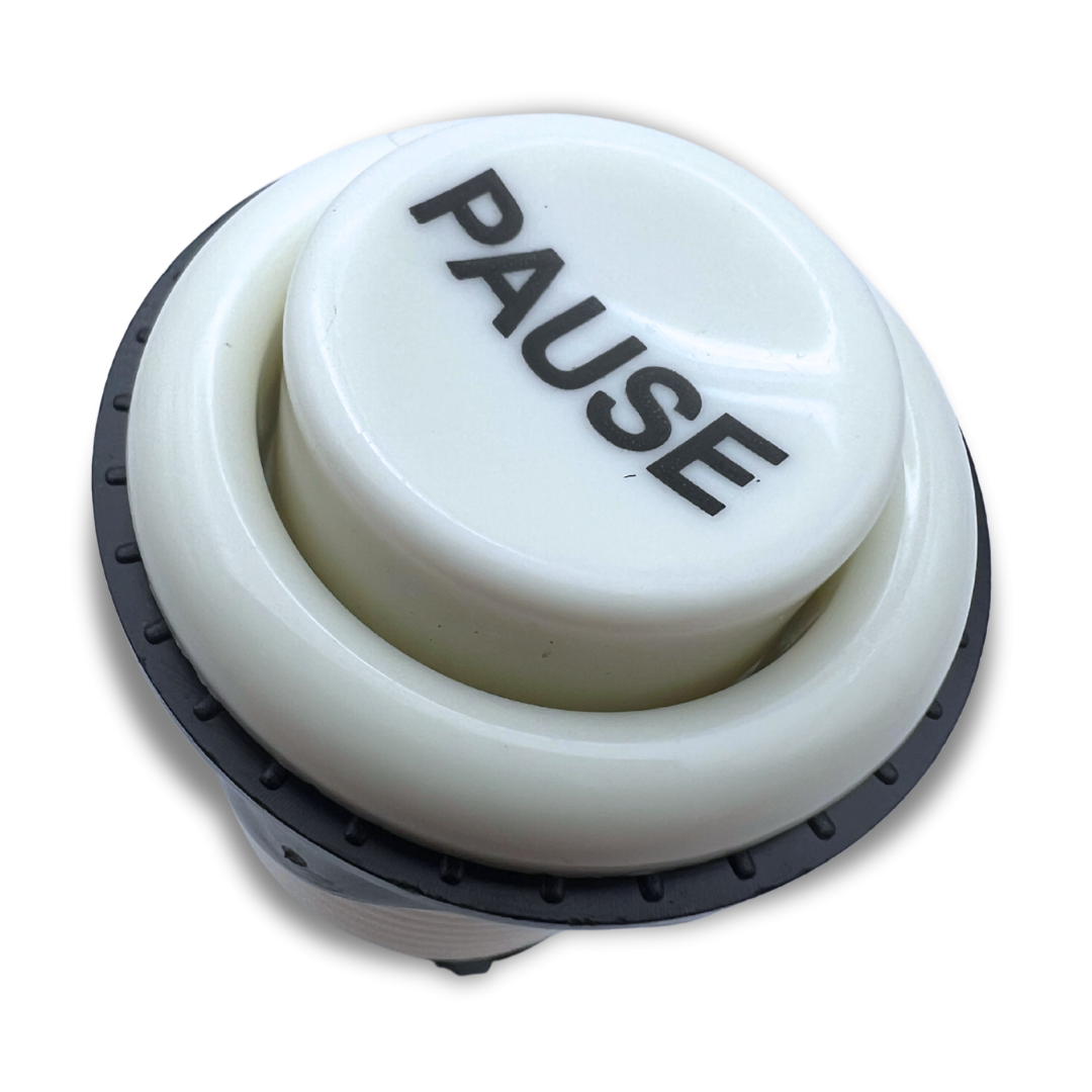 Pause Button White Arcade Style – Top Angled Close-Up