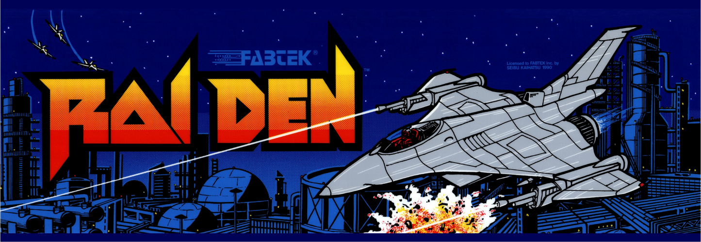 Raiden arcade marquee reproduction featuring classic 1990 Seibu Kaihatsu fighter jet artwork