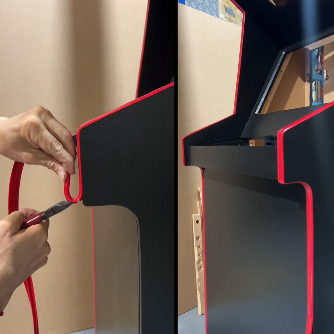 Step-by-step installation of red T-moulding onto a black arcade cabinet side panel, showcasing precision trimming and final fitted edge.