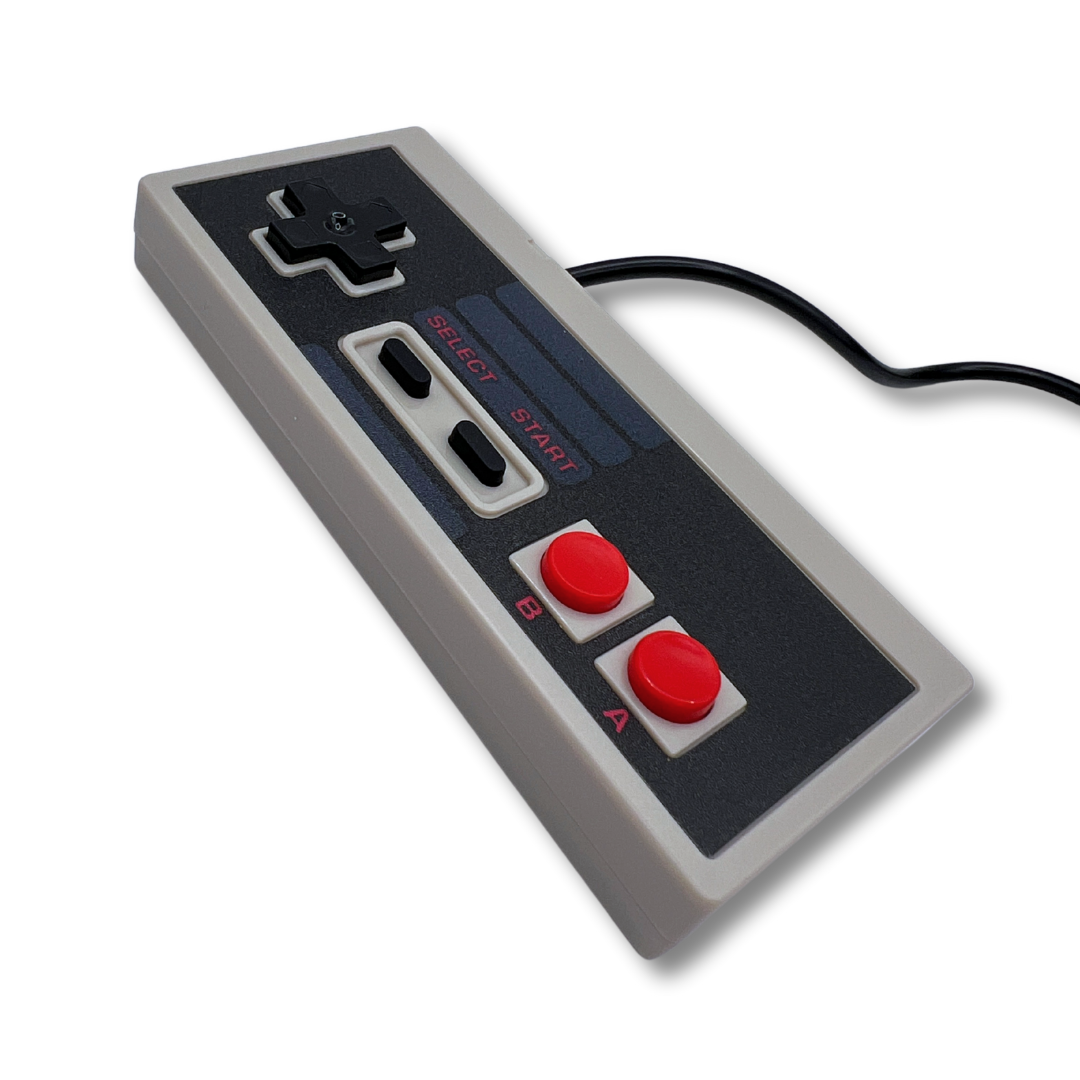 Side view of vintage-style NES USB controller with red A/B buttons and trailing black cable.