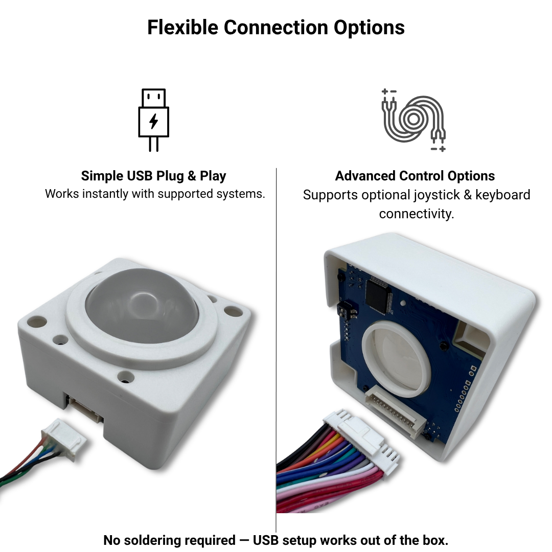 RGB USB arcade trackball showing simple USB plug and play connection and optional expanded joystick and keyboard connectivity