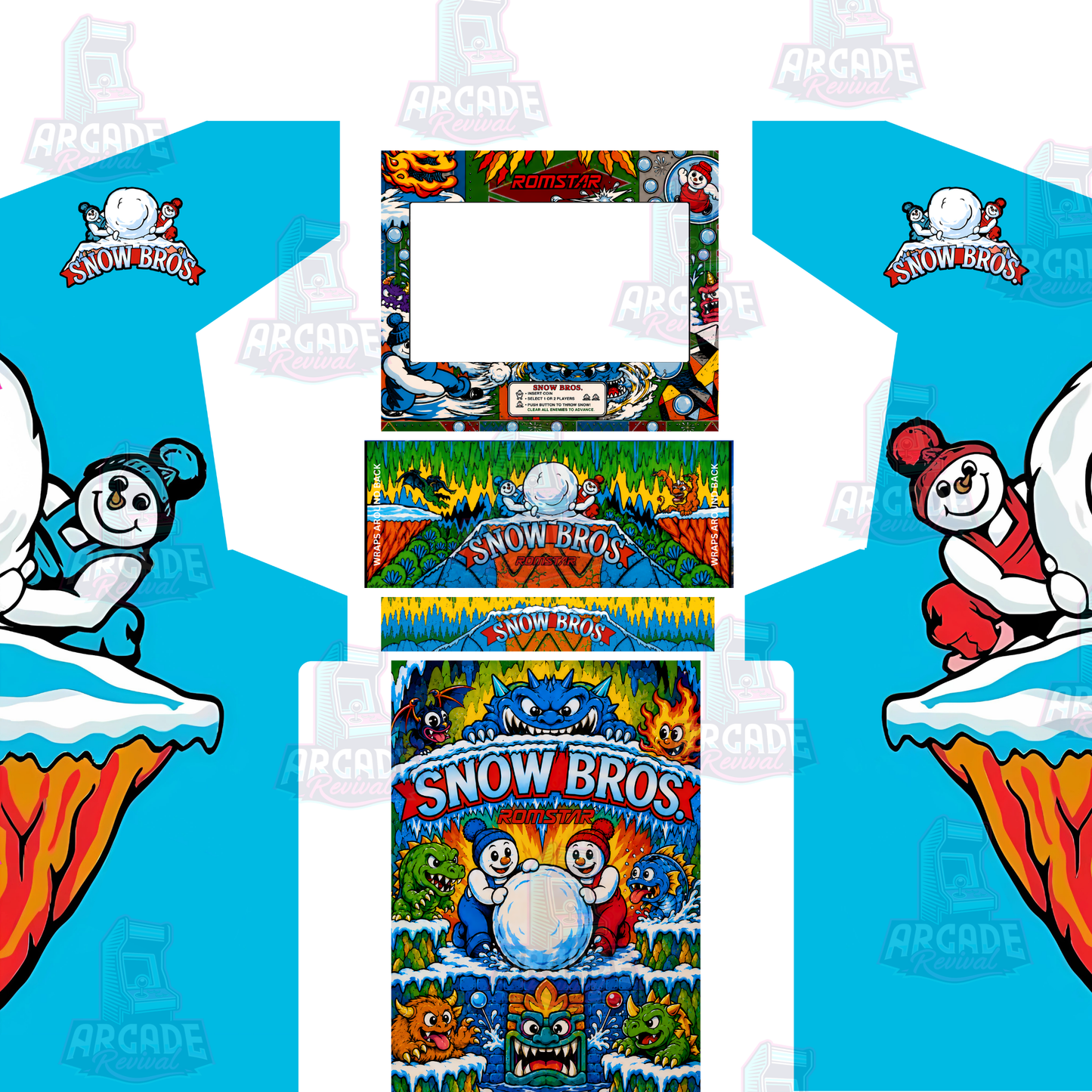 Snow Bros Classic Reproduction arcade cabinet wrap kit with side panels, screen surround, control panel and kick panel artwork, shown without the marquee.