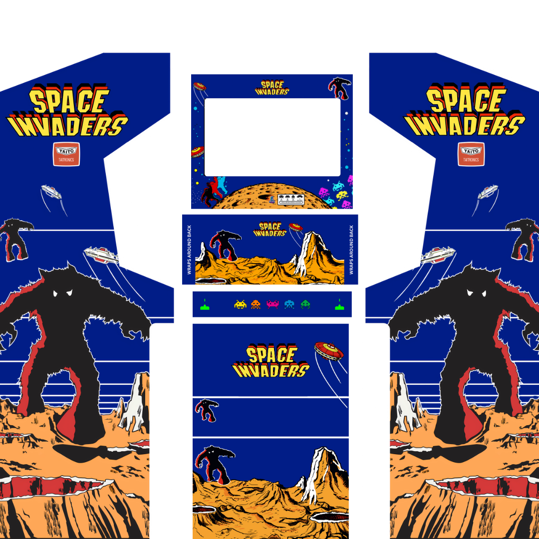 Space Invaders arcade cabinet wrap kit without marquee showing side panels, control panel, screen bezel and front artwork