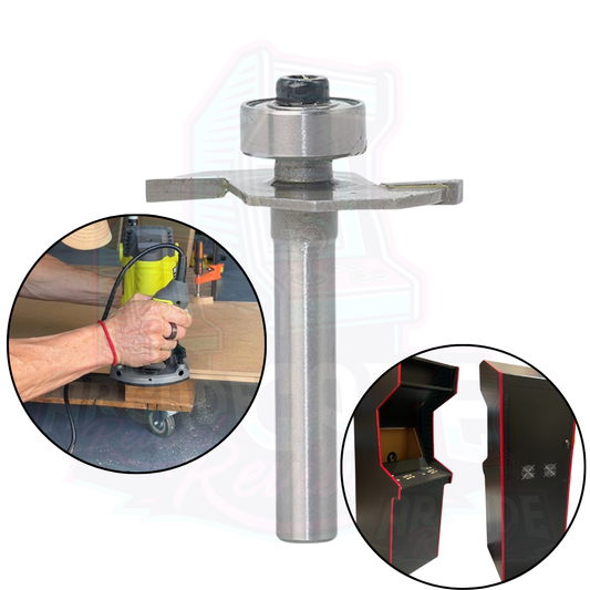 T-moulding router bit shown with inset photos of slot cutting process and finished arcade cabinet