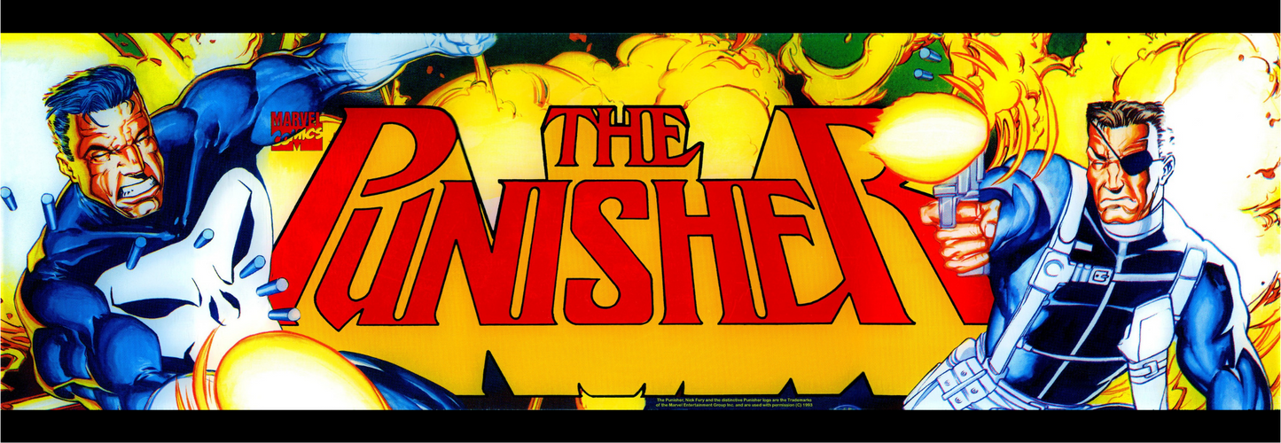 The Punisher classic arcade marquee reproduction featuring explosive Marvel comic artwork