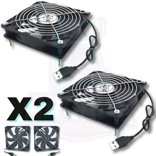 Set of 2 USB-powered cooling fans with protective grills, ideal for arcade machine ventilation, PC builds, or custom enclosures.