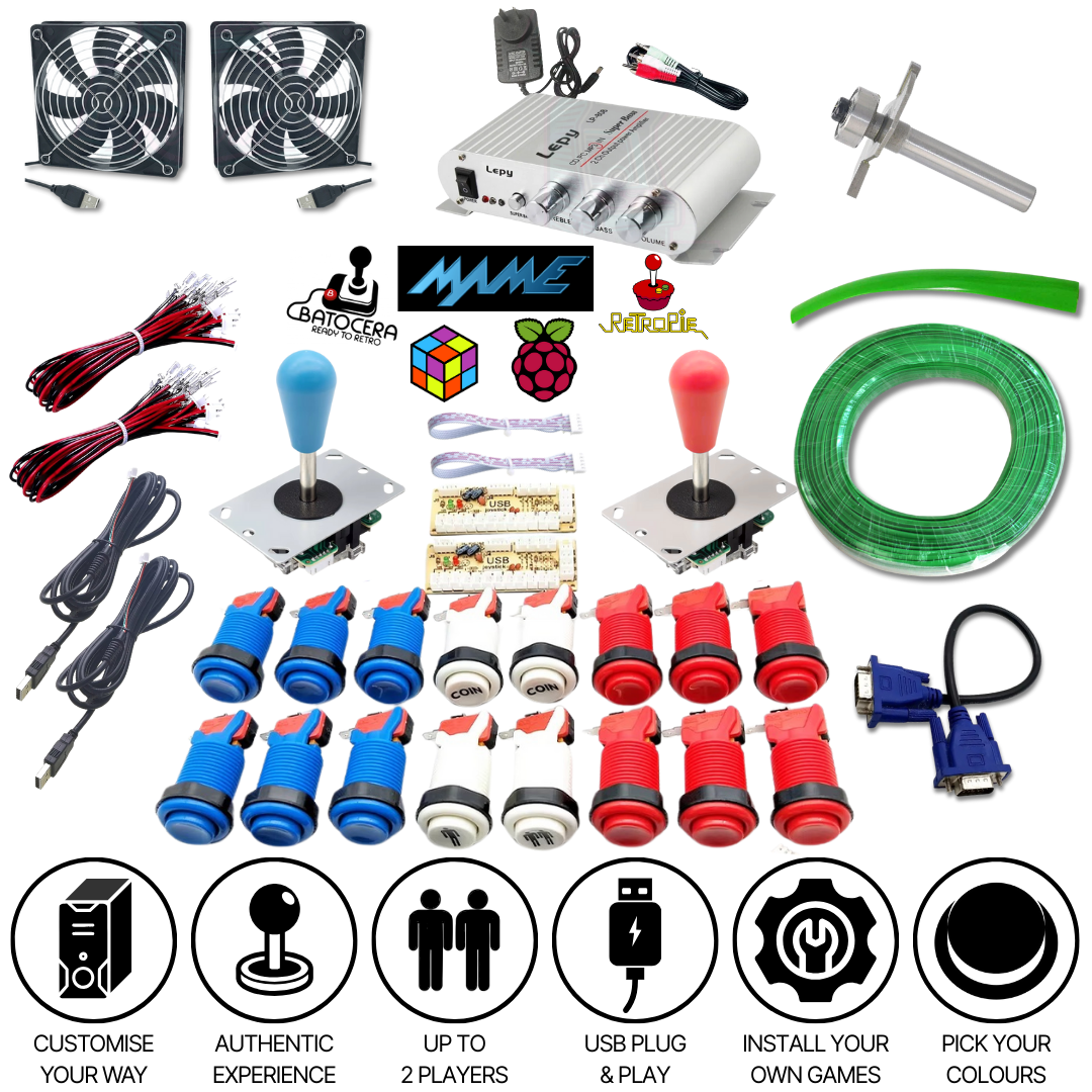 USB arcade starter kit featuring buttons, joysticks, wiring, twin cooling fans, amplifier, T-moulding, VGA cable, and a free step-by-step arcade machine build guide — compatible with Batocera, MAME, and RetroPie.